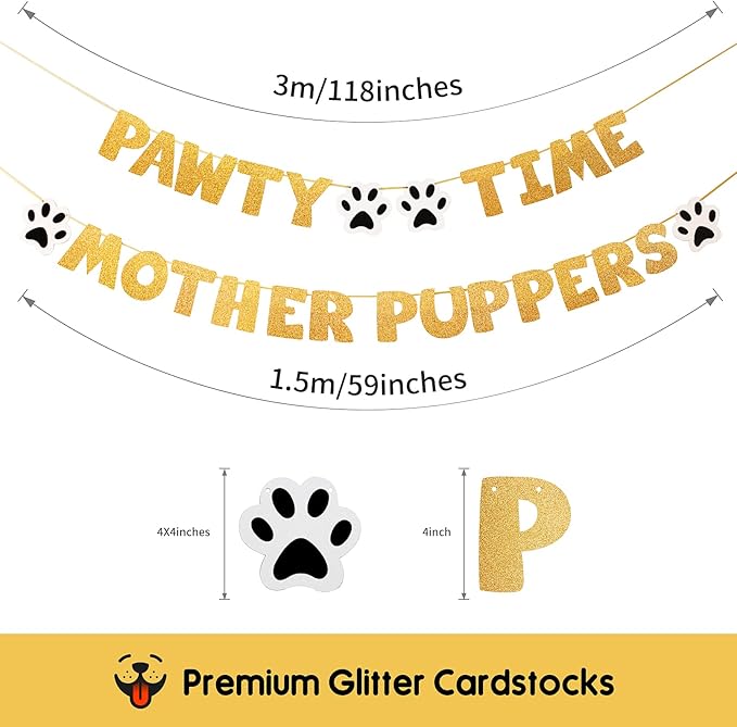 Pre-Strung Let's Pawty Dog Birthday Party Supplies - Pawty Time Mother Puppers - Funny Gold Glitter Puppy Dog Birthday Banner For Party Decorations Girl Boy - Cute Puppy Pets Paw Pennant Sign Deco
