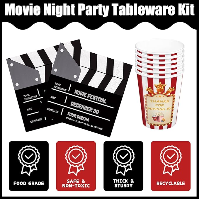 170pcs Movie Night Party Supplies Now Showing Paper Plates Napkins Disposable Tablecloth Banner Cups Theater Hollywood Clapboard Napkins Red Carpet Birthday Party Decorations 24 Guests