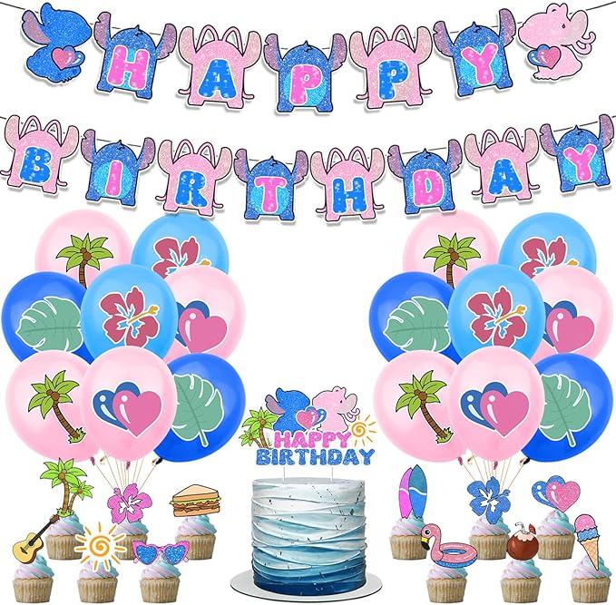 Cartoon Blue Birthday Decorations,Tropical Luau Party Supplies Includes banners,Balloons,Cupcake Toppers and Cake Toppers