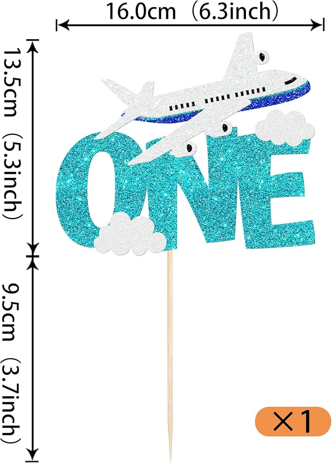 1 Pack One Airplane Cake Topper Glitter Airplane Cake Pick First Birthday Cake Decorations for Oh How Time Flies First Birthday Baby Shower Boys Girls Kids Party Supplies Blue White