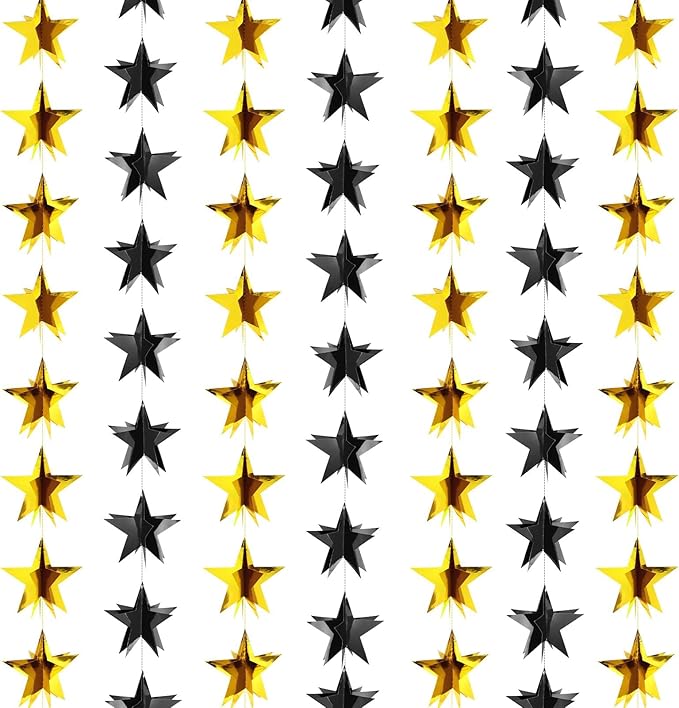 MARFOREVER 5 PCS 3D Black and Gold Star Garland, 41 Ft Star Metallic Paper Twinkle Hanging Sparkling Stars Banner Streamer for Birthday Wedding Baby Bridal Shower Holiday Graduation Party Supplies