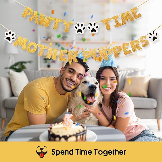 Pre-Strung Let's Pawty Dog Birthday Party Supplies - Pawty Time Mother Puppers - Funny Gold Glitter Puppy Dog Birthday Banner For Party Decorations Girl Boy - Cute Puppy Pets Paw Pennant Sign Deco