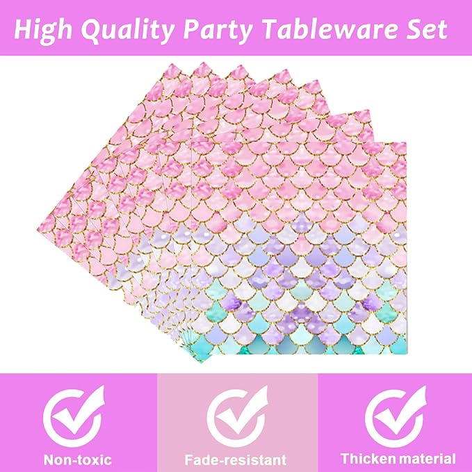 Dixutzi 96 Pcs Mermaid Birthday Party Decorations, Mermaid Party Supplies Including Paper Plate, Napkin and Fork, Ocean Theme Decor Tableware Set for Birthday, Serves 24