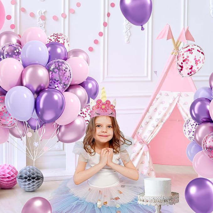 61pcs Pink and Purple Balloons, 12 Inch Purple Pink Confetti Latex Balloons, Metallic Balloon for Bridal Baby Shower Wedding Women Birthday Party Decorations