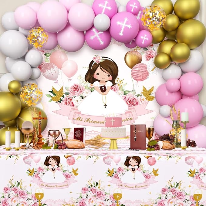 Mi Primera Comunión Decorations for Girls, 90 Pcs Baptism Theme Balloons Mi Primera Comunión Pink Backdrop First Holy Communion Decorations God Bless Baptism Theme Party Supplies