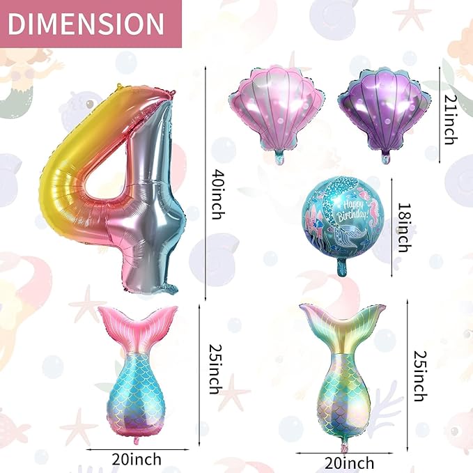 4th Mermaid Birthday Decorations,Pink Blue Balloons Kit Sea Balloon Tail Balloons for Girls Mermaid Party Baby Shower