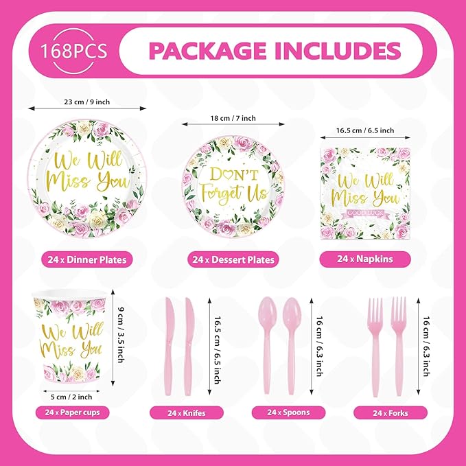 168Pcs We Will Miss You Party Decorations Pink Floral Farewell Plates Cups and Napkins Tableware Set Rose Gold Flowers Decorations for Spring Going Away Goodbye Retirement Party Supplies Serves 24