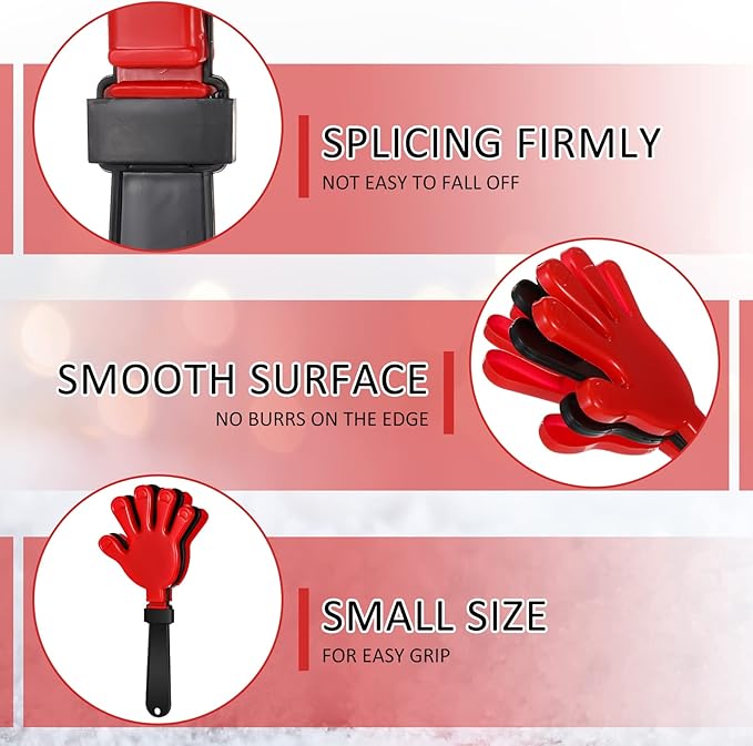 BBTO 30 Pcs Hand Clappers Noisemakers 7.5 Inch Plastic Party Clappers for Fiesta Birthday Party Supplies Carnival Prize Football Sport Accessories Favor(Black, Red)