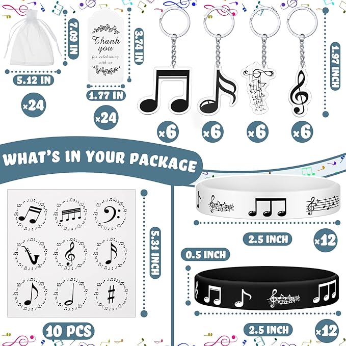 Deekin 187 Pieces Music Party Favors with Music Notes Silicone Bracelets, Metal Note Keychains, Round Label Stickers, Thank You Tags and Sheer Organza Bags for Theme Party Supplies Decorations