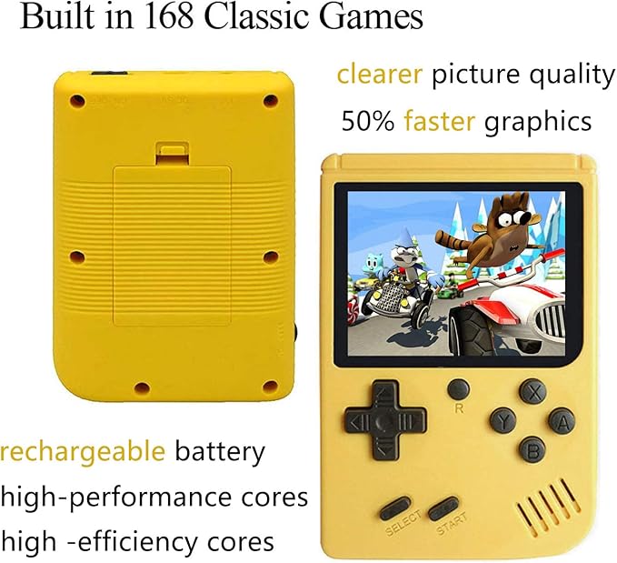 Handheld Games Console for Kids Adults - Retro Video Games Consoles 3 inch Screen 168 Classic Games 8 Bit Game Player with AV Cable Can Play on TV (Yellow)
