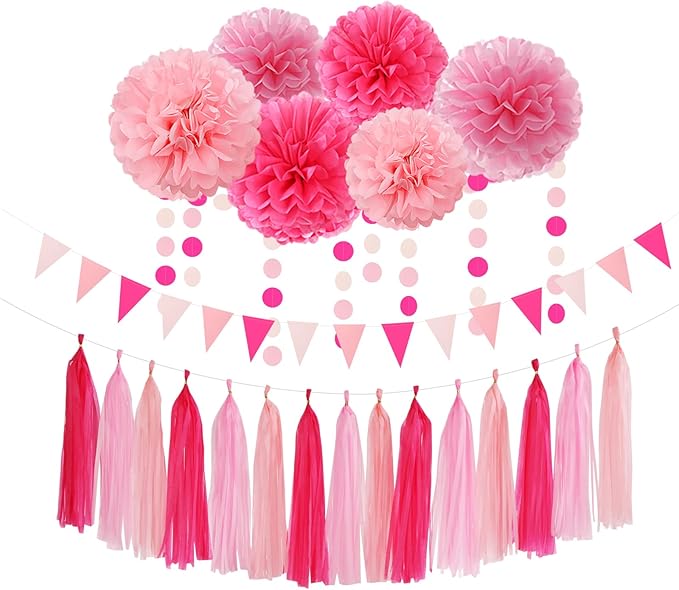 Galentines Valentines-Day Hot-Pink Party-Decorations - 23pcs Girl Birthday Baby Shower Tissue Pom Poms Streamers, Bachelorette Bridal Wedding Engagement Supplies Tassel Garland Banner Decor Ouruola