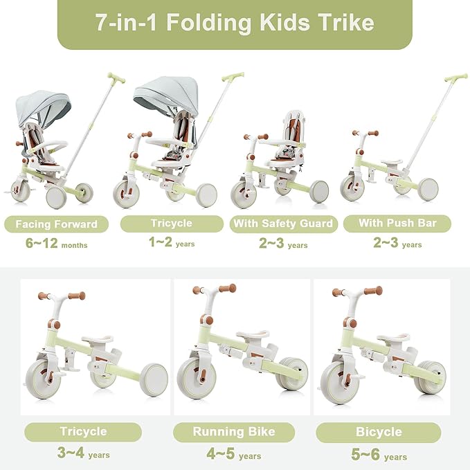7-in-1 Baby Tricycle with Adjustable Parent Handle - Foldable Toddler Bike w/Removable Canopy & Guardrail, Aluminum Alloy Frame Stroller Bike for 1-6 Years Old (12-72 Months) (Green)