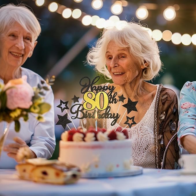 Happy 80th Birthday Cake Toppers, Black Gold Glitter Cake Decorations Set, 80th Birthday Decor for Men Women, Birthday Anniversary Party Decorations Supplies