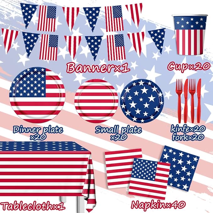 142Pcs American Flag Party Decorations Memorial Day 4th of July Patriotic Tableware Disposable Banner,Tablecloth,Plates,Napkins,Cups,Forks and Knives for Independence Day Party Supplies ,Serve 20