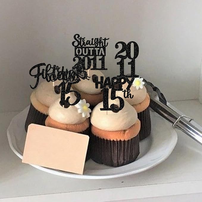 30PCS Black 15th Birthday Cupcake Toppers Glitter Fifteen Happy 15 Straight Outta 2011 Cupcake Picks for Cheers to 15 Years 15th Birthday Wedding Anniversary Party Decorations Supplies