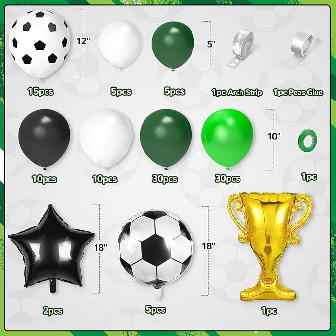 Soccer Party Decorations, 113Pcs 12 10 5 inch Soccer Balloons Garland Arch Kit Green White Black Balloons for Boys Soccer Sports Theme Birthday Party Decorations