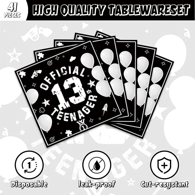 41pcs 13th Party Supplies - 20 Dessert Plates, 20 Napkins, 1 Tablecloth for Black Silver Birthday Party Decoration