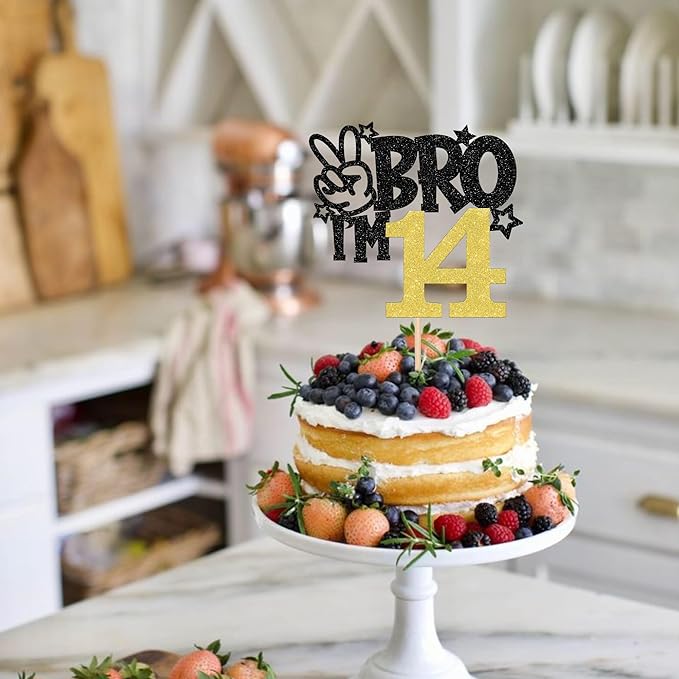 1 PCS Brother I'm 14 Cake Topper Glitter Star Happy 14th Birthday Cake Pick Bro I'm 14 Cake Decoration It's My 14th Birthday Decorations for Boys Cheers to 14 Years Old Birthday Party Supplies Gold