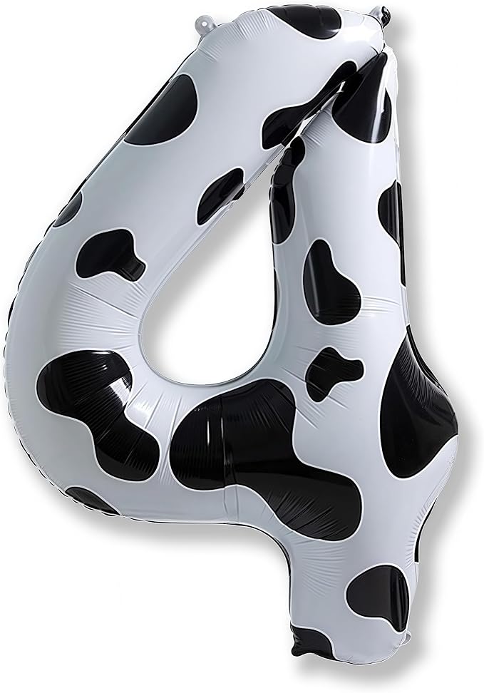 40 Inch Cow Print 4 Balloons Number for Kids, Big Self Inflating Foil Number Balloons for Girls Boys 4th Birthday Party Farm Animal Theme Baby Shower Cowboy Cowgirl Theme Party Decorations Supplies