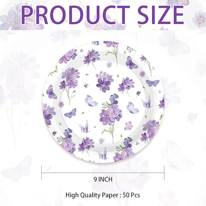 50Pcs Purple Floral Party Decorations 9" Purple Wildflowers Paper Plates Disposable Butterfly Themed Platter for Spring Flower Weddings Birthdays Baby Shower Party Supplies