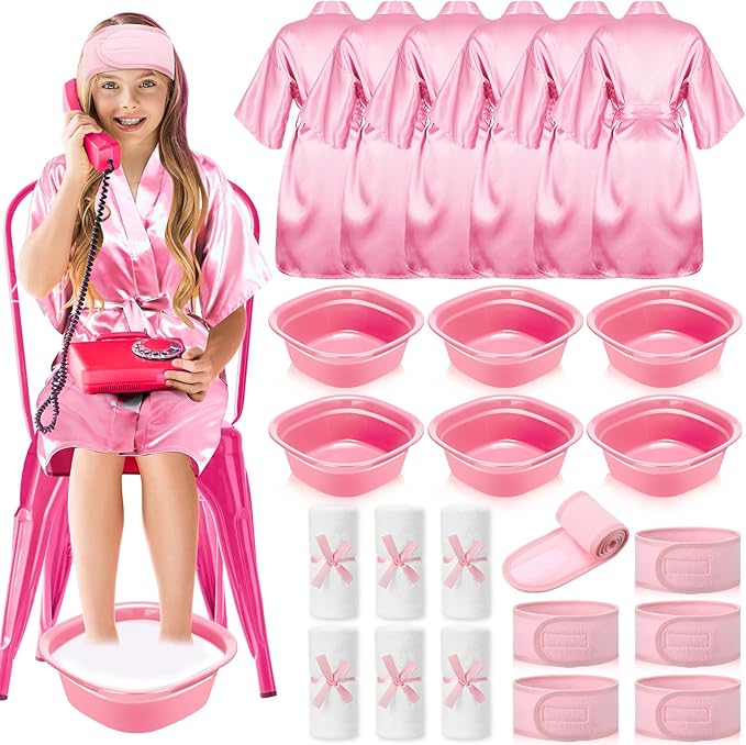 24 Pcs Kids Spa Party Supplies Includes 6 Spa Party Robes 6 Basins 6 Makeup Headband 6 Towels for Sleepover Bath (Pink)