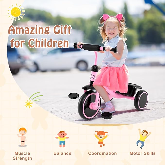BABY JOY Toddler Tricycle, Kids Trike with Adjustable Seat and Storage Basket for Boys Girls Indoor and Outdoor Riding, Toddler Trike for Baby 3-5 Years Old (Pink)