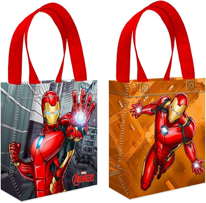 Iron Man Party Favor Bags Set – 12 Pack 8" Marvel Goodie Bags for Kids Bulk Reusable Mini Totes | Avengers Iron Man Birthday Party Supplies
