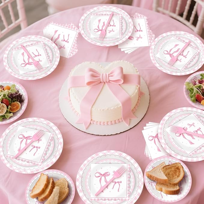 100 Pcs Pink Ribbon Bow Party Supplies Set - Serves 25, Watercolor Disposable Tableware, Includes Paper Plates, Napkins, Forks for Wedding, Bachelorette, Birthday, Girl’s Coquette-Style Themed Favors