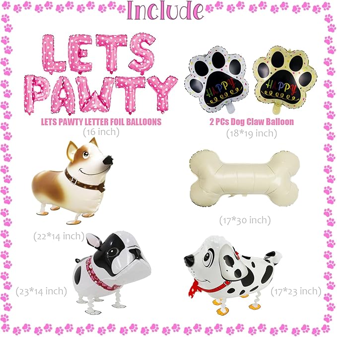 Lets Pawty Dog Birthday Party Decorations Girl Boy, Pawty Puppy Themed Happy Birthday Banner, Dog & Paw Print Balloons, Cake Toppers (Red)