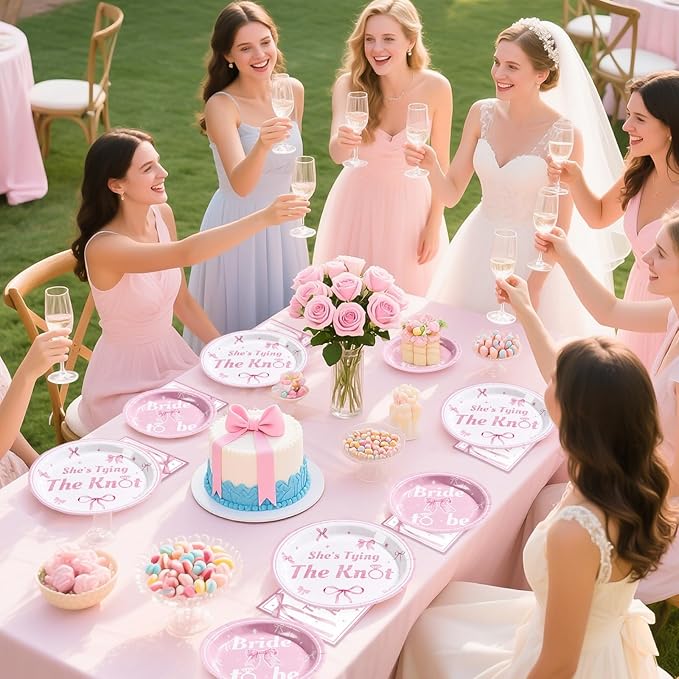 Grencian 96Pcs Pink Bow Bridal Shower Decorations Pink Bow Bride to Be Party Plates She's Tying The Knot Paper Tableware for Wedding Engagement Bride Groom Bachelorette Party Supplies, Serves 24