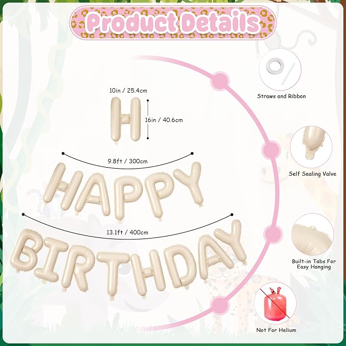 29PC Cream Pink Leopard Happy Birthday Balloon Banner, 16Inch 3D Aluminum Letter Banner Sign, White Pink Cheetah Printed Balloons 18 Inch Green Star Foil Balloon for Forest Party Decorations