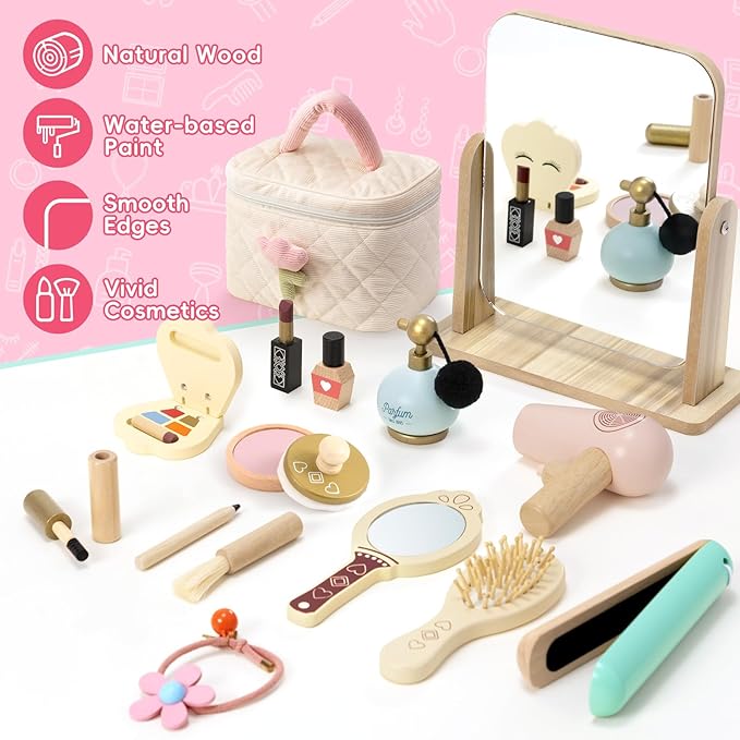Atoylink Wooden Makeup Toy Set, 15Pcs Hair Salon Girl Toys Toddler Pretend Play Makeup Kit with Plush Makeup Bag Princess Beauty Realistic Accessories for Girls Age 3 4 5 6 Birthday Gifts