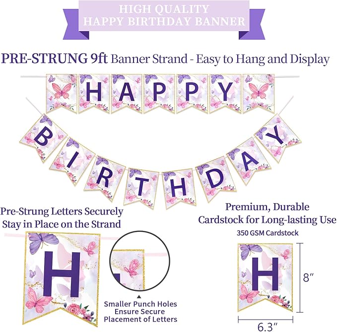 Butterfly Birthday Decorations Kit - 19-Piece Set with Pre-Strung Happy Birthday Banner, Honeycomb Balls, Garland & Swirls | Butterfly Theme Party Supplies for Women Girls Kids, Teens Adults
