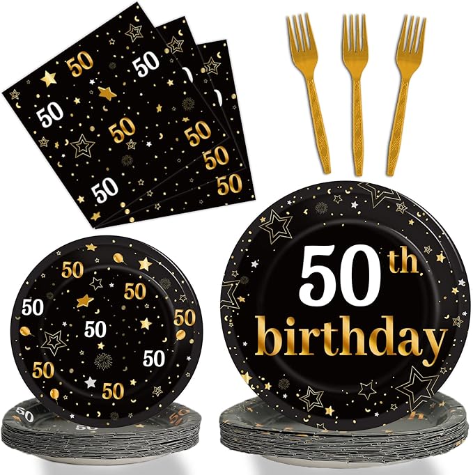 gisgfim 96 Pcs 50th Birthday Party Supplies Paper Plates Napkins Golden Happy Fifty Theme 50th Birthday Decorations Favors for Man and Women Serves 24