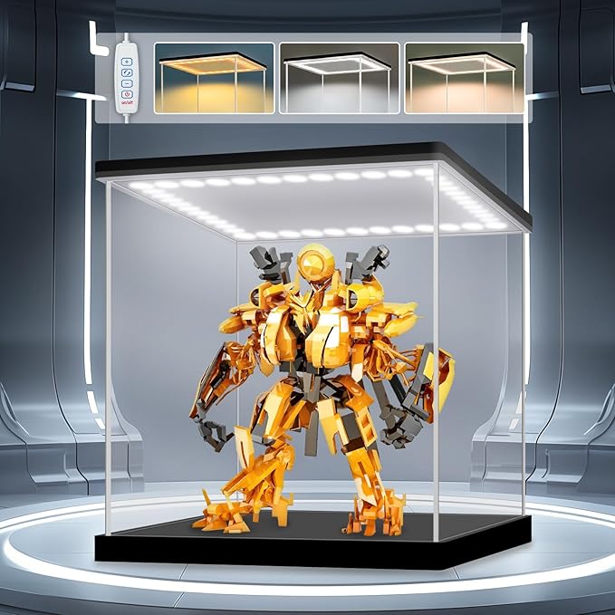 LASOA Acrylic Display Case for Collectibles with LED Light, Alternative Glass Display Box with Black Base and Lid, Self-Assembly Clear Storage Showcase for Figurine Memorabilia (4x4x4inch;10x10x10cm)