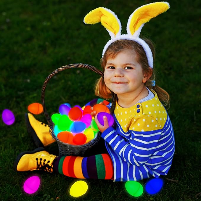 MGparty Glow in The Dark Easter Egg Hunt Set - 144 Fillable Plastic Eggs with 288 Mini Glow Sticks for Kids - Easter Basket Stuffers, Party Favors, Classroom Prizes, and Game Supplies