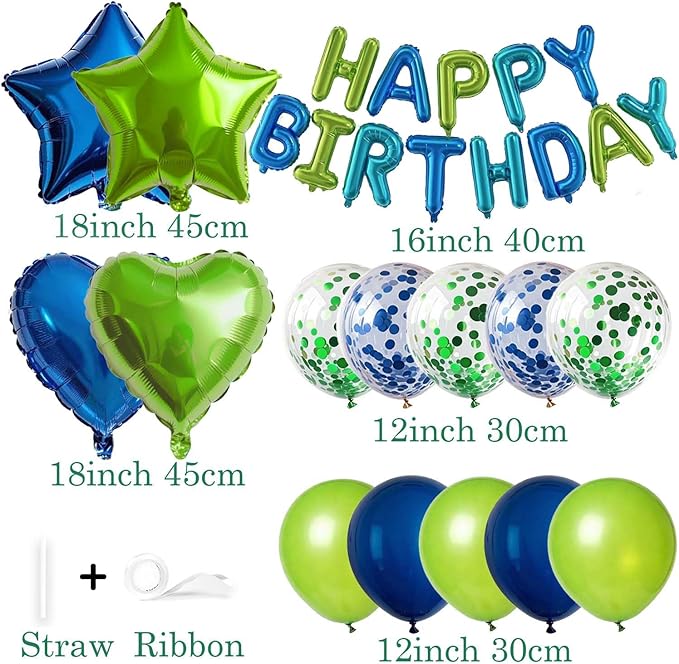 27 Pcs Green Blue Birthday Decorations, 3D Letters Green Blue Happy Birthday Balloon Banner, Pentagram Heart Foil Balloons Confetti Balloons Kit For Boys Girls Party Supplies