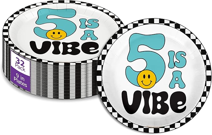 Five is a Vibe Smiley Face Fifth Birthday - 32 Piece Disposable Party Supplies - Decorations for Boy's 5th Birthday Round Party Plates - Large 9" Paper Plates In Bulk