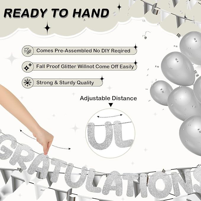Fulmoon Pre Strung Congratulations Quitter Glitter Banner Funny Retirement Banner Graduation Party Decorations Going Away Supplies Garland for Men Women Gifts, No DIY(Silver)