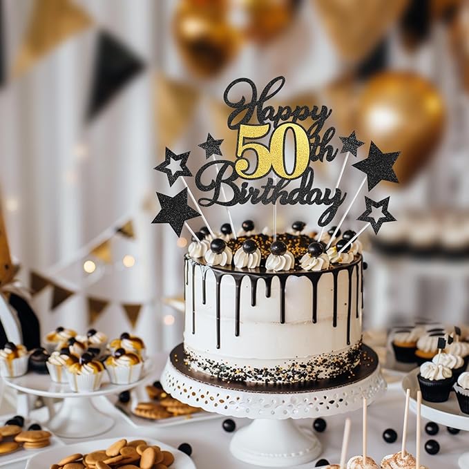Happy 50th Birthday Cake Toppers, Black Gold Glitter Cake Decorations Set, 50th Birthday Decor for Men Women, Birthday Anniversary Party Decorations Supplies