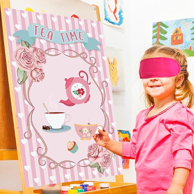 Hooqict Tea Party Games: Pin the Tea Cup on the Saucer, Large Decorations with 24 Cup Stickers for Girls' Birthday Party