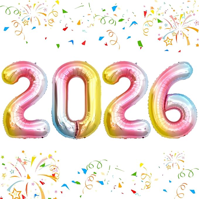 KALOR 42 Inch 2026 Rainbow Foil Mylar Number Balloons, 2026 New Years Decorations for 2026 Happy New Year Eve and Graduations Party Supplies