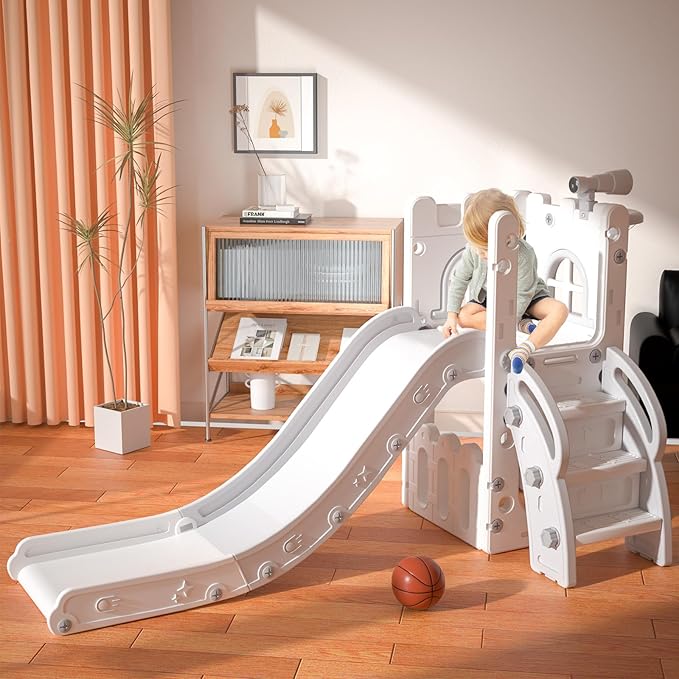 MOCUTEEN 6 in 1 Toddler Slide,Baby Playset for Indoor Outdoor Playground with Basketball Hoop,Storage and Telescope,Climbing Toys for Toddler Playground Playset