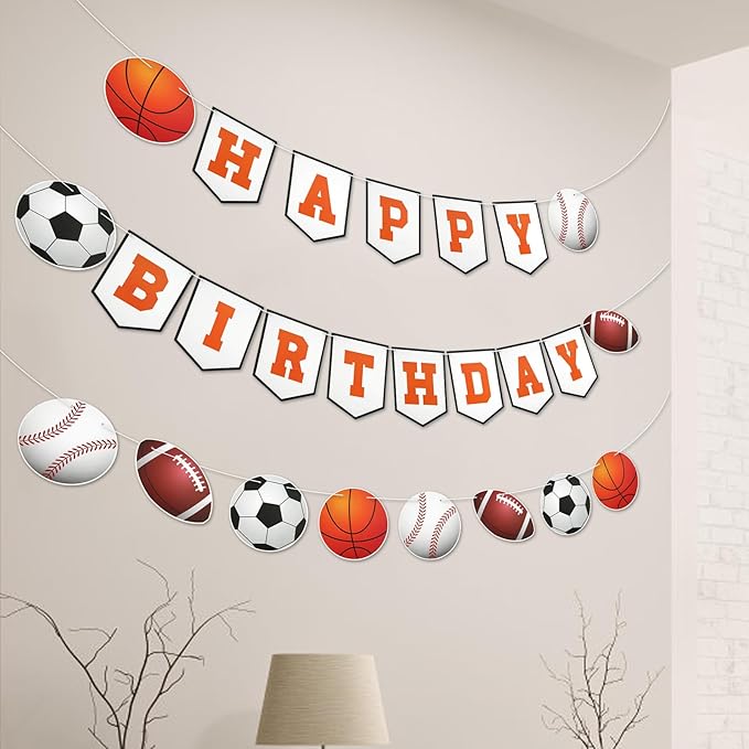 3pcs Sports Birthday Banner - Happy Birthday Basketball Baseball Football Rugby Decorations for Photo Props Party Supplies
