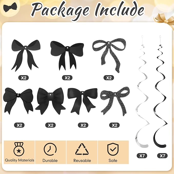 28 Pcs Bow Birthday Decorations Coquette Bow Birthday Hanging Swirls Decorations for Bridal Shower Party Supplies Wedding Christmas Party(Black)