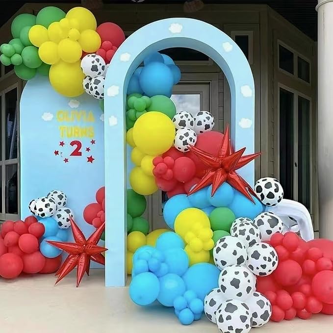 Toy Inspired Story Balloons, 12 Inch Cow Print Sky Blue Cloud Balloons Red Blue Yellow Green Balloons for Kids Boys Birthday Party Farm Themed Halloween Party Decorations