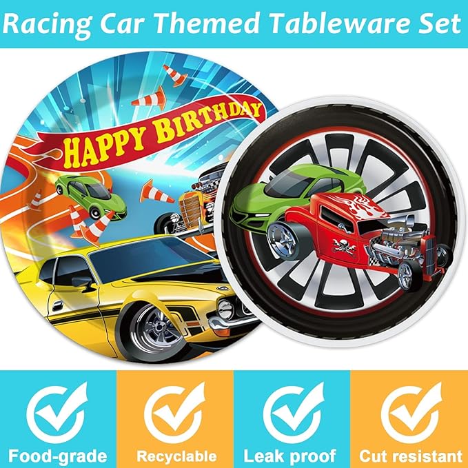 Tevxj 96 Pcs Racing Tableware Set - Hot Car Birthday Dinnerware - Disposable Plates, Napkins, Forks for Kids Boys - Happy Birthday Party Decorations Supplies for 24 Guests