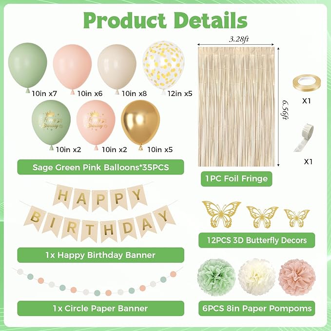 Pink and Sage Green Birthday Decorations for Women Girls, Blush Beige Sand Gold Metallic Printed Balloons Butterfly Stickers Fringe Curtain Happy Birthday Banner Circle Dot Paper Pompom Party Supplies