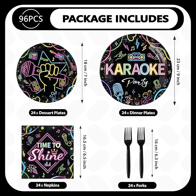 96Pcs Karaoke Party Supplies Music Disco Microphone Plates and Napkins Karaoke Night Neon Music Theme Tableware Set for Popular Singer Social Media Birthday Party Decorations Serves 24
