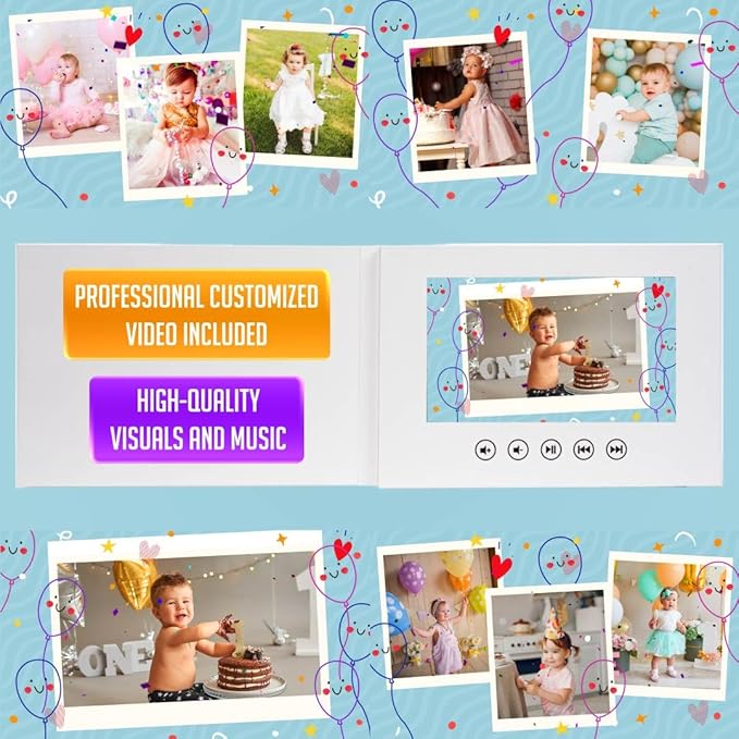 Infant Birthday Video Greeting Card – Add Your Photos for Custom Slideshow – Cherished Gift for Babies – 7” IPS Display, 256MB Memory, USB Rechargeable, Ready-to-Gift Packaging